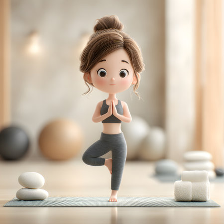 An adorable figure gently holds a balanced tree pose on a clean yoga mat, reflecting harmony, peace, and ultimate wellness.の素材