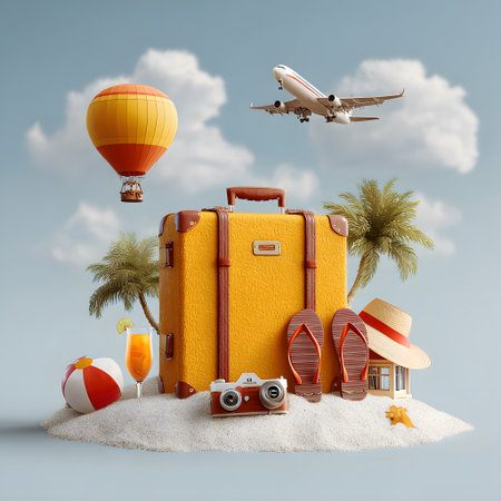 A yellow travel suitcase waits on a sandy tropical beach, surrounded by vacation items. An airplane and hot air balloon fly overhead, symbolizing exciting journeys.の素材