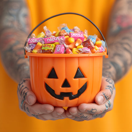 A vibrant orange Halloween pumpkin shaped bucket is overflowing with various colorful wrapped candies and sweet treats presented by hands.の素材