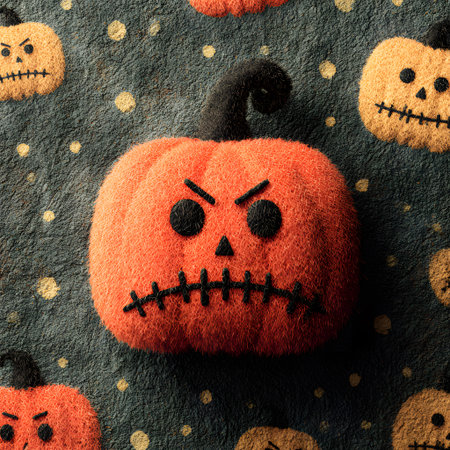 An angry orange Halloween pumpkin decoration with a black carved face rests on a dark patterned surface surrounded by small holiday gourds.の素材