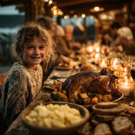 A happy child smiles at a Thanksgiving dinner table, set with a roasted turkey, mashed potatoes, and warm candles, celebrating a special holiday gathering.の素材
