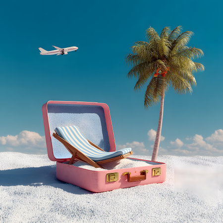 Pink open travel suitcase on white sand features a beach chair and palm tree, with an airplane flying in the blue sky.の素材