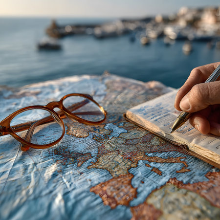 Hand writes in a small notebook on an open map, next to reading glasses, planning a great travel adventure by the harbor.の素材
