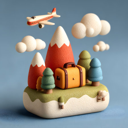 A small plane flies above colorful mountains and green trees, a yellow suitcase waits on an island, for a fun travel journey.の素材