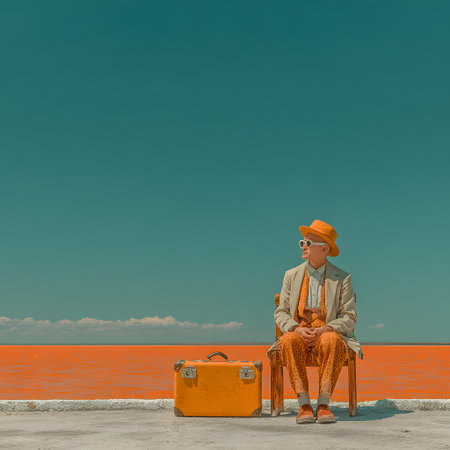 A stylish traveler in a suit and hat sits beside a vibrant orange water body, looking at the distant horizon with a suitcase for travel.の素材