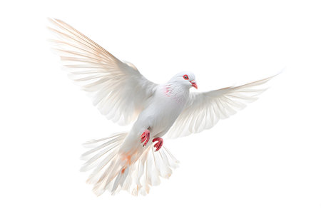 A majestic white dove flies with its wings widely spread, soaring peacefully, completely isolated on a pure white background.の素材