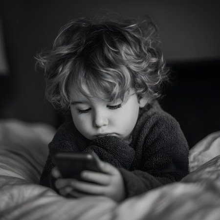 A child is resting and looking at a small screen with interest.の素材
