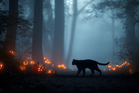 A black cat walks through a spooky forest path lit by Halloween pumpkins.の素材