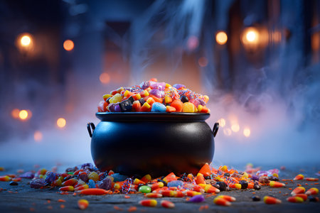Halloween candy cauldron overflows with colorful treats and smoke on dark backgroundの素材