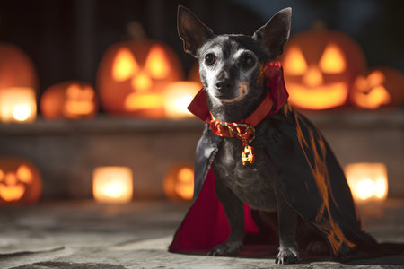 Halloween dog wears a cape and sits among carved pumpkins and glowing lights.の素材
