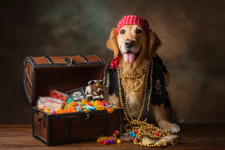 Dog dressed as pirate sits by treasure chest filled with candy for Halloween.の素材