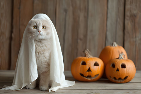 A cat wears a white sheet like a ghost for Halloween near carved pumpkins.の素材