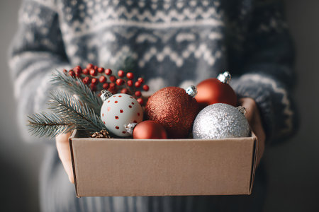 Christmas baubles in a box being held with festive decorations.の素材