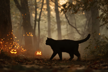 Black cat walks past glowing pumpkins on a misty Halloween nightの素材