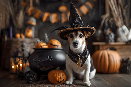 A dog wearing a Halloween witch hat sits patiently next to pumpkins and a cauldron.の素材