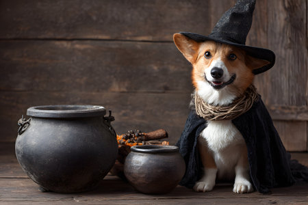 Halloween dog wearing witch hat and cape sits by cauldrons.の素材