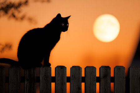 A black cat sits watching the moon on Halloween night.の素材