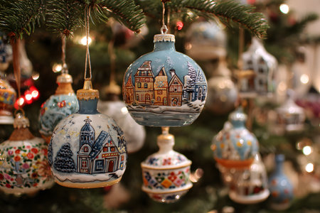 Christmas ornaments display decorated village scenes hanging on a tree.の素材
