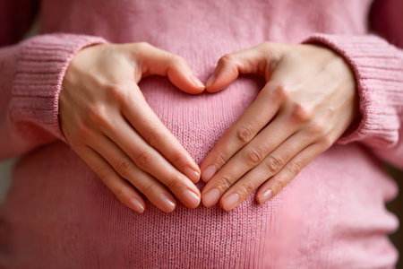Pregnant belly with hands forming a heart shape over it.の素材