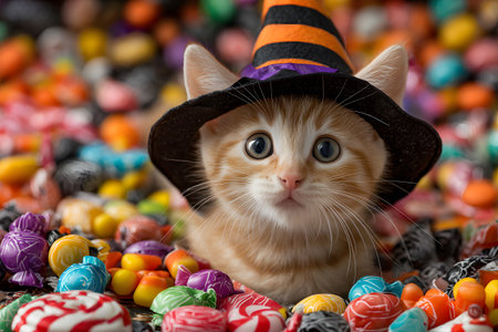 Cute kitten wearing Halloween witch hat sits in colorful candy pileの素材
