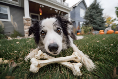 Dog with bone for Halloween posing in grass near pumpkins.の素材