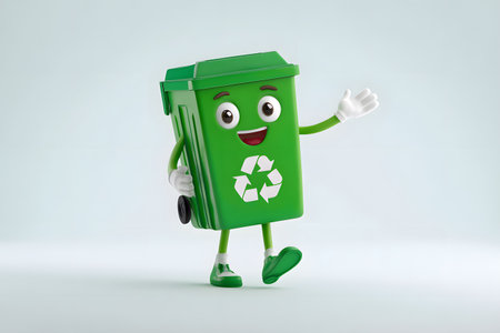 Green recycle bin character waves hello while walking to help the planet.の素材
