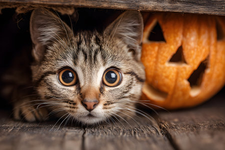 A kitten hides near a carved pumpkin during Halloween.の素材