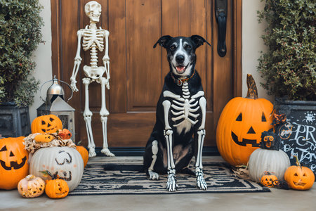 Dog dressed for Halloween sits with pumpkins and a skeleton.の素材