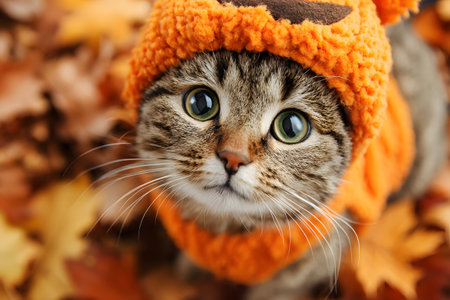 A cute cat wears a pumpkin hat for Halloween surrounded by fall leaves.の素材
