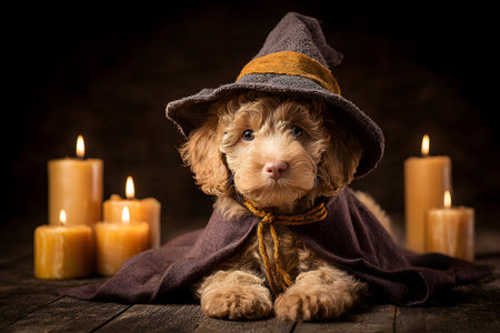 A puppy dressed for Halloween sits near lit candles.の素材