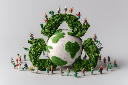 Small people stand around a green recycle symbol embracing the Earth.の素材
