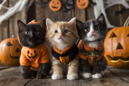 Kittens dressed for Halloween sit together by pumpkinsの素材
