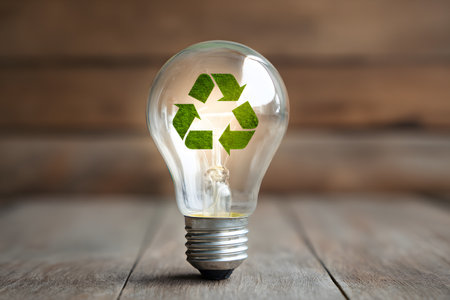 Light bulb glows with a green recycle symbol inside.の素材