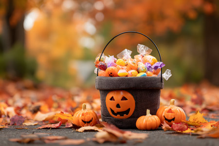 Halloween candy bucket with pumpkins sits among fallen autumn leaves.の素材