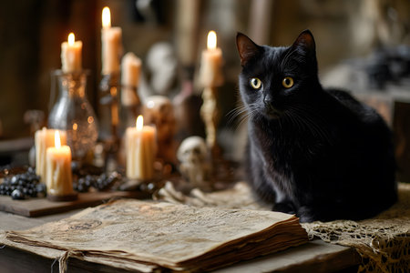 A black cat sits near candles and a spell book for Halloween.の素材