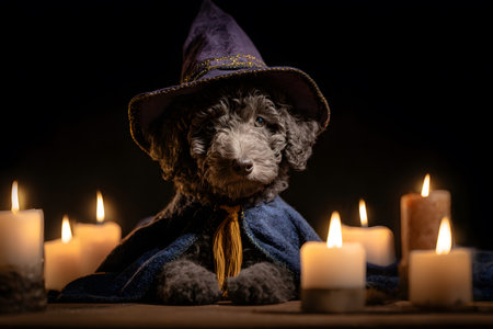 A dog wears a wizard hat and cape for Halloween surrounded by lit candles.の素材
