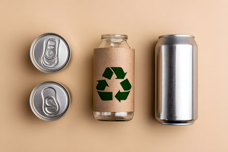 Recycle cans and glass bottle showing cycle symbol.の素材