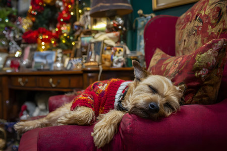 Dog wearing Christmas sweater sleeps soundly on a chair near a decorated tree.の素材