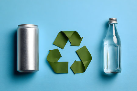 Recycle can and bottle with green symbol show waste reuse.の素材