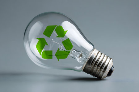 A light bulb with a green recycle symbol inside shows new ideas for reuse.の素材
