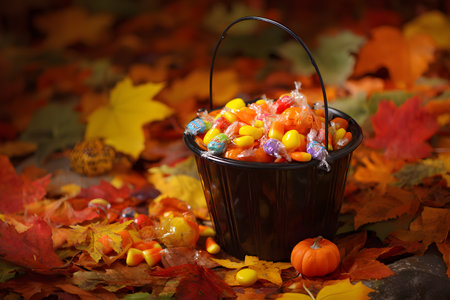 Bucket of colorful Halloween candy sits among autumn leaves on the ground.の素材