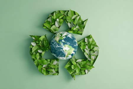 Green recycle symbol embraces the Earth with leaves.の素材