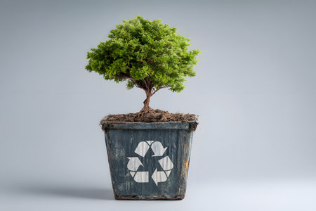 Recycle symbol on pot holding a growing green tree.の素材