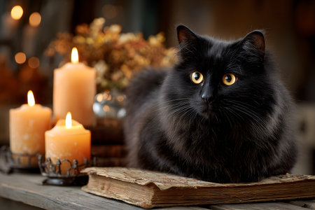 Black cat sits on old book near glowing candles during Halloween.の素材