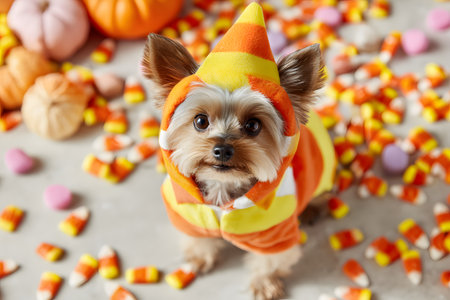 This Halloween dog wears a candy costume surrounded by candy corn and pumpkins.の素材