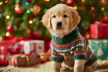 Golden retriever puppy wears festive Christmas sweater sitting by presents and tree.の素材