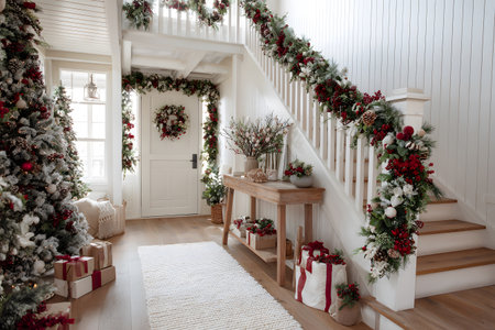 Elegant Christmas home entrance decorated with garland and gifts.の素材