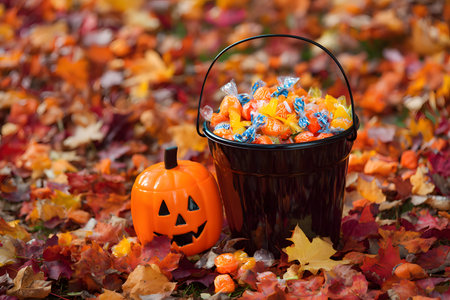 Halloween pumpkin and candy bucket sitting on fall leaves.の素材