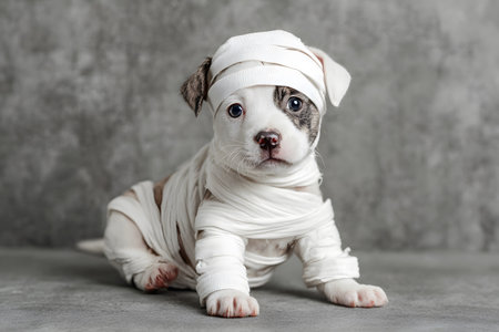 Puppy dressed as mummy sits for Halloween.の素材