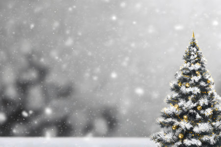 Christmas tree standing in falling snow.の素材